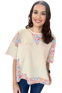 Beige Floral Patchwork Pocket Drop Sleeve Waffle T Shirt