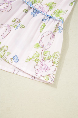 Pink Floral Striped Print Contrast Trim Tie Split Neck Mini Dress