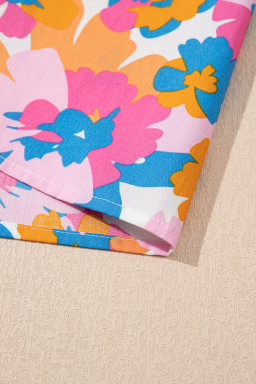 White Floral Colorblock Striped Edge V Neck Knotted Short Sleeve Blouse