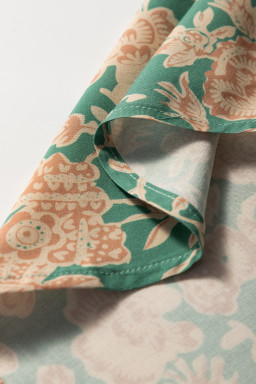 Green Floral Print Pleated Buttoned V Neck Short Sleeve Blouse