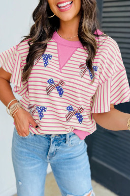 Sachet Pink Sequin American Flag Bow Patched Striped T Shirt