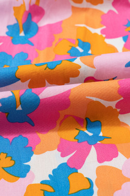 White Floral Colorblock Striped Edge V Neck Knotted Short Sleeve Blouse