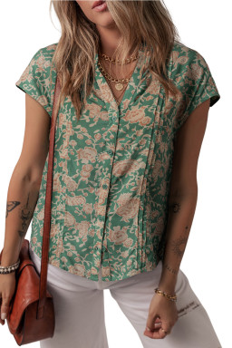 Green Floral Print Pleated Buttoned V Neck Short Sleeve Blouse