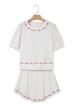White Sweet Bow Trim Pearl Embellished Blouse and Skort Set