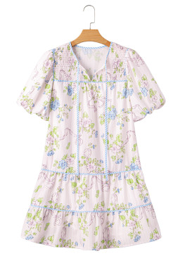 Pink Floral Striped Print Contrast Trim Tie Split Neck Mini Dress