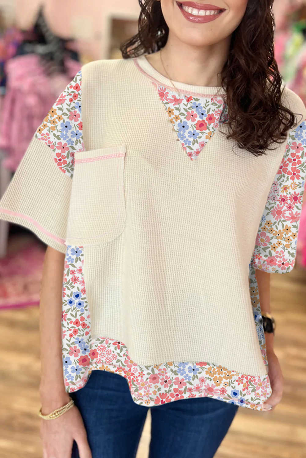 Beige Floral Patchwork Pocket Drop Sleeve Waffle T Shirt