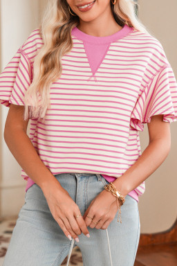 Sachet Pink Striped Ruffle Sleeve Round Neck Top
