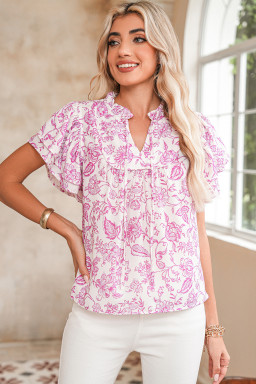Pink Ruffle Sleeve Frill V Neck Boho Floral Blouse