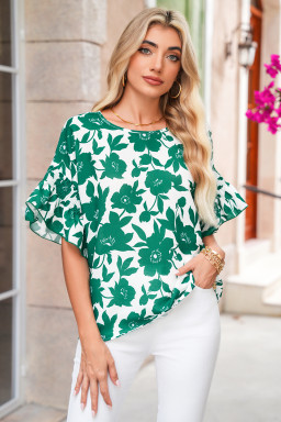Green Floral Print Ruffle Short Sleeve Loose Blouse