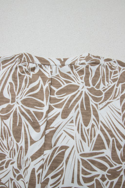 Khaki Floral Print V Neck Short Sleeve Loose Fit Blouse