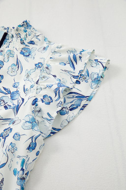 Sky Blue Ruffle Short Sleeve Floral Print Pop of Color Neckline Blouse