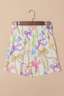 White Colorful Bow Print Pocket Shorts