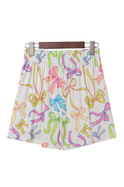 White Colorful Bow Print Pocket Shorts