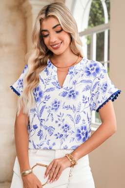 Blue Floral V-Neck Short Sleeve Blouse