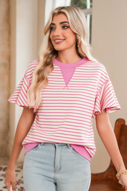 Sachet Pink Striped Ruffle Sleeve Round Neck Top