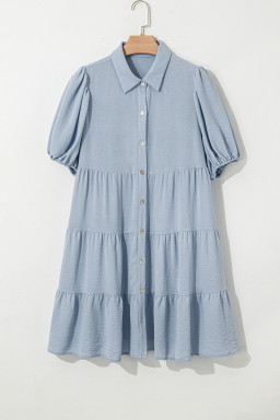 Beau Blue Shirt Collar Button Up Short Puff Sleeve Tiered Shift Dress