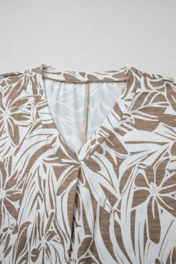 Khaki Floral Print V Neck Short Sleeve Loose Fit Blouse