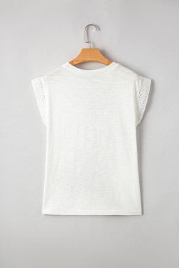 White Lace Patchwork Cap Sleeve Round Neck Top