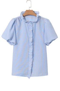 Beau Blue Striped Bubble Sleeve Ruffle Shirt