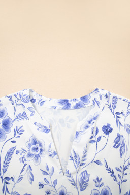 Blue Floral V-Neck Short Sleeve Blouse