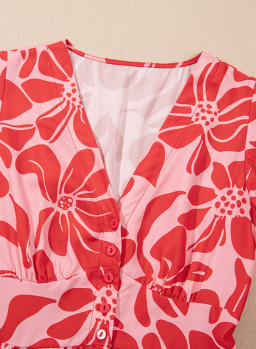 Red Boho Floral V-Neck Ruffle Shoulder Maxi Dress
