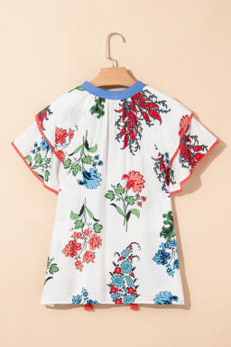 White Floral Tassel Tie V-Neck Lace Trim Ruffle Blouse