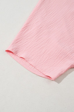 Pink Solid Color V Neck Textured Plus Size Blouse