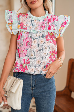 Pink Floral Print Ruffle Trim Pleated Boho Blouse