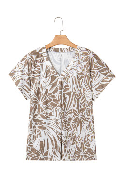 Khaki Floral Print V Neck Short Sleeve Loose Fit Blouse