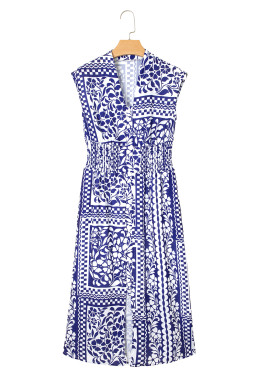 Dirty Blue Floral Print Smocked Waist Sleeveless Dress