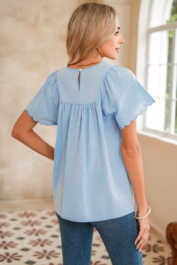 Beau Blue Embroidered Scallop Trim Sleeve Pleated Blouse