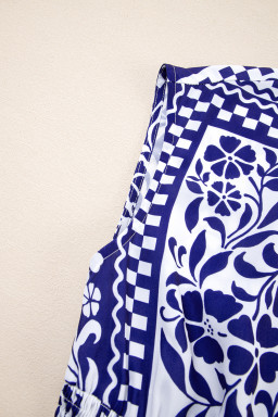 Dirty Blue Floral Print Smocked Waist Sleeveless Dress