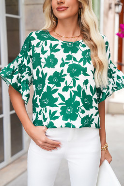 Green Floral Print Ruffle Short Sleeve Loose Blouse