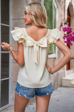 Beige Textured Bow Frilled Ruffle Sleeve Blouse