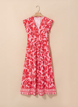 Red Boho Floral V-Neck Ruffle Shoulder Maxi Dress