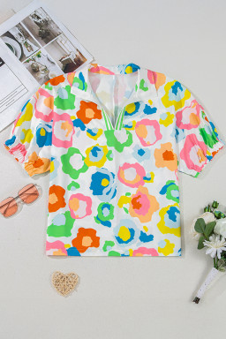 Green Abstract Leopard Short Sleeve Pop of Color Neckline Blouse