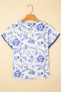 Blue Floral V-Neck Short Sleeve Blouse