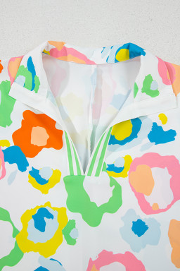 Green Abstract Leopard Short Sleeve Pop of Color Neckline Blouse