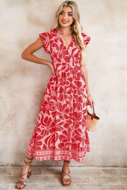 Red Boho Floral V-Neck Ruffle Shoulder Maxi Dress