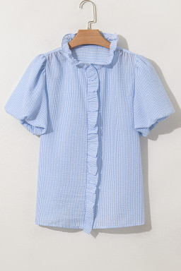 Beau Blue Striped Bubble Sleeve Ruffle Shirt