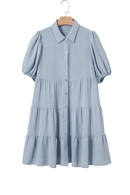 Beau Blue Shirt Collar Button Up Short Puff Sleeve Tiered Shift Dress