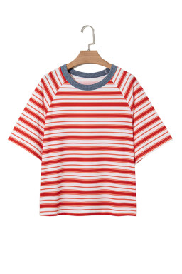 Tomato Red Striped Raglan Sleeve Contrast Neck T-Shirt