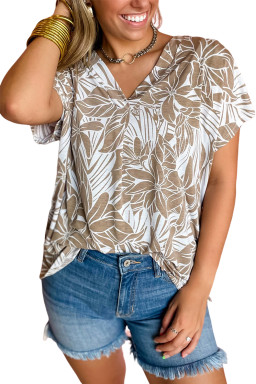 Khaki Floral Print V Neck Short Sleeve Loose Fit Blouse