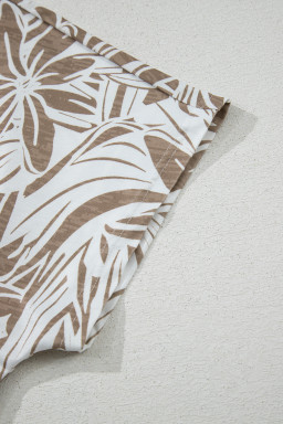 Khaki Floral Print V Neck Short Sleeve Loose Fit Blouse