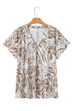 Khaki Floral Print V Neck Short Sleeve Loose Fit Blouse