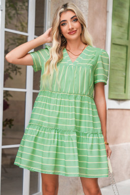 Green Striped V Neck Frill Tiered Mini Dress