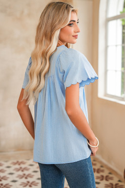 Beau Blue Embroidered Scallop Trim Sleeve Pleated Blouse