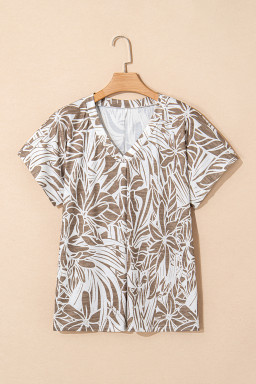 Khaki Floral Print V Neck Short Sleeve Loose Fit Blouse