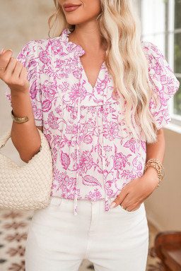 Pink Ruffle Sleeve Frill V Neck Boho Floral Blouse