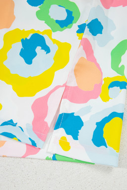 Green Abstract Leopard Short Sleeve Pop of Color Neckline Blouse